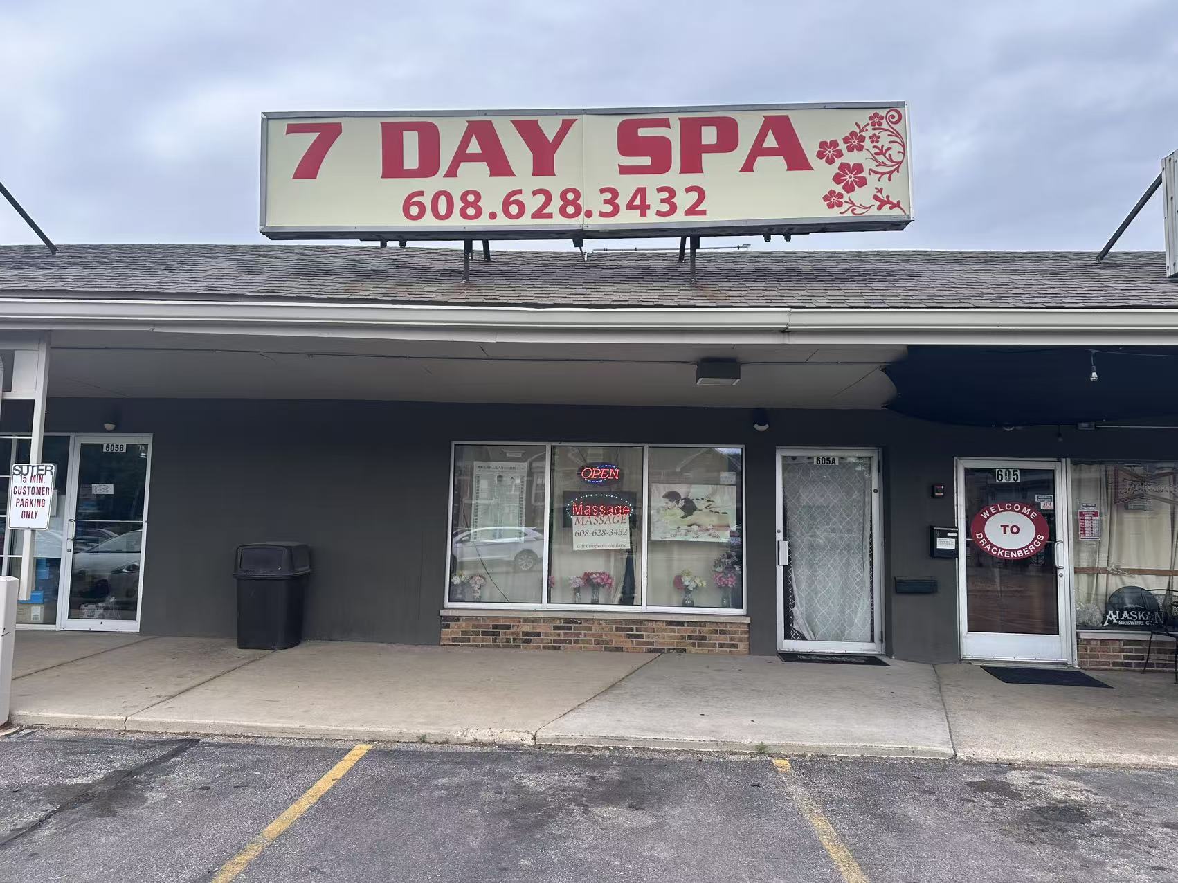 7 DAY SPA storefront in Lakewood Plaza Shopping Center in Madison, Wisconsin